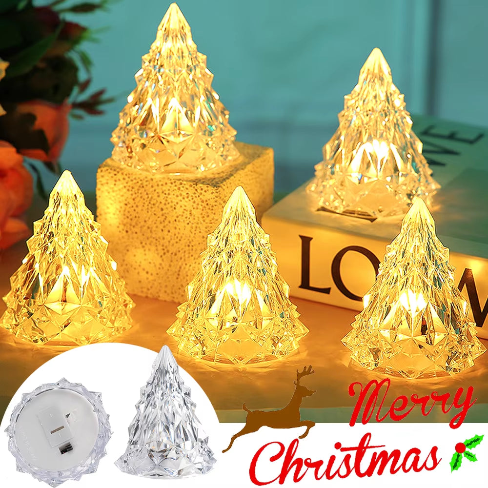 LED Crystal Night Light Warm Christmas Tree Lantern Iceberg Table Lamp Button Batteries Home Party Xmas Diamond Gift Decoration