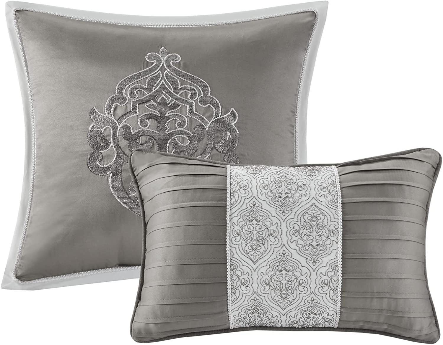 Tesla Cozy Comforter Set Jacquard Damask Medallion Design - All Season down Alternative Bedding, Shams, Bedskirt, Decorative Pillows, Queen (90 in X 90 In), Silver 6 Piece