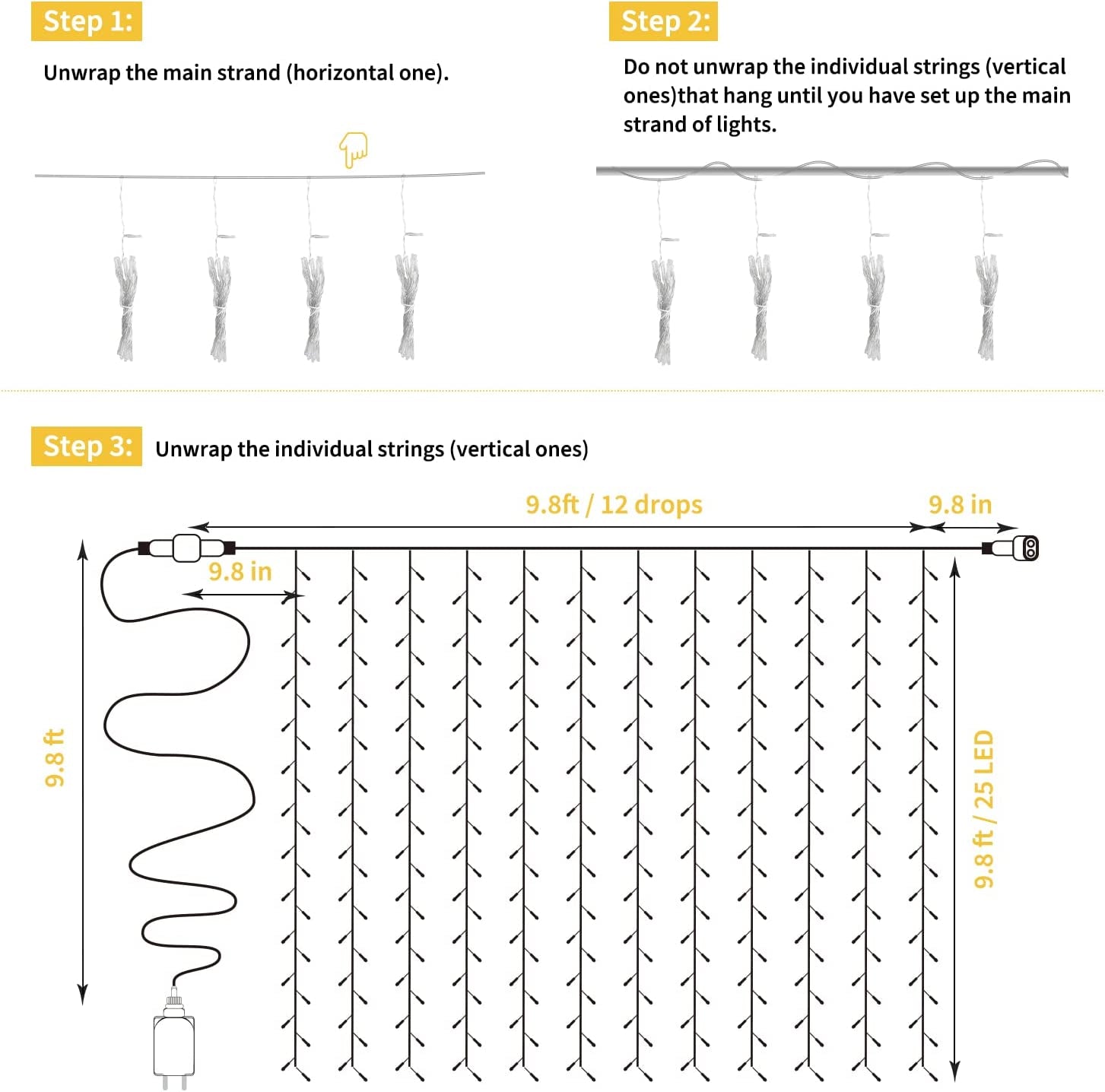 Hanging Window Curtain Lights 9.8 Feet Dimmable and Connectable with 300 Led, Remote, 8 Lighting Modes, Timer for Bedroom Wall Party Indoor Outdoor Decor, Warm White (Curtain Is Not Included)