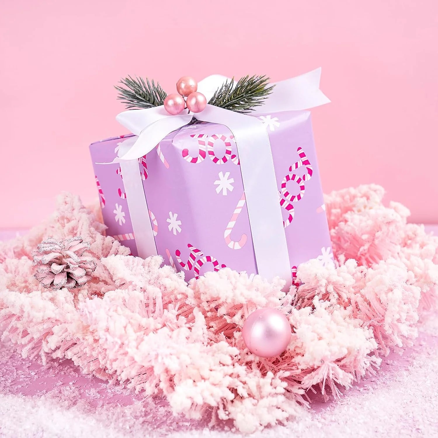 Christmas Wrapping Paper Roll - Mini Roll - 3 Rolls - 17 Inch X 120 Inch per Roll - Pastel Pink and Purple Reindeer, Candy Cane with JOY, Snowflake Holiday Collection