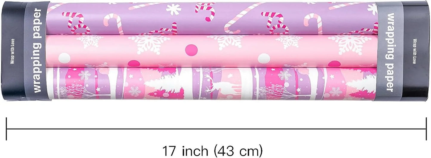 Christmas Wrapping Paper Roll - Mini Roll - 3 Rolls - 17 Inch X 120 Inch per Roll - Pastel Pink and Purple Reindeer, Candy Cane with JOY, Snowflake Holiday Collection