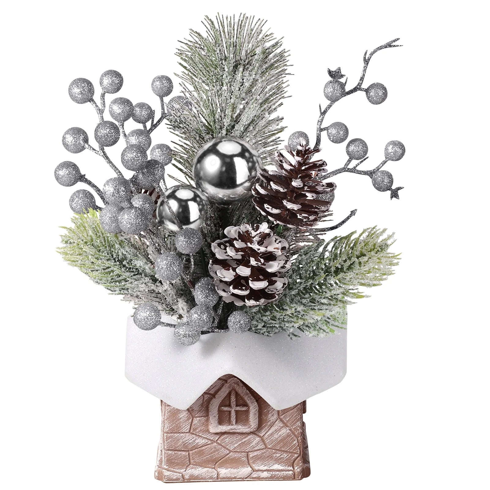 Mini Christmas Tree with Pine Cone Berry, Bottle Brush Christmas Trees for Christmas Decorations Indoor, Christmas Tabletop Decor Centerpiece | Round