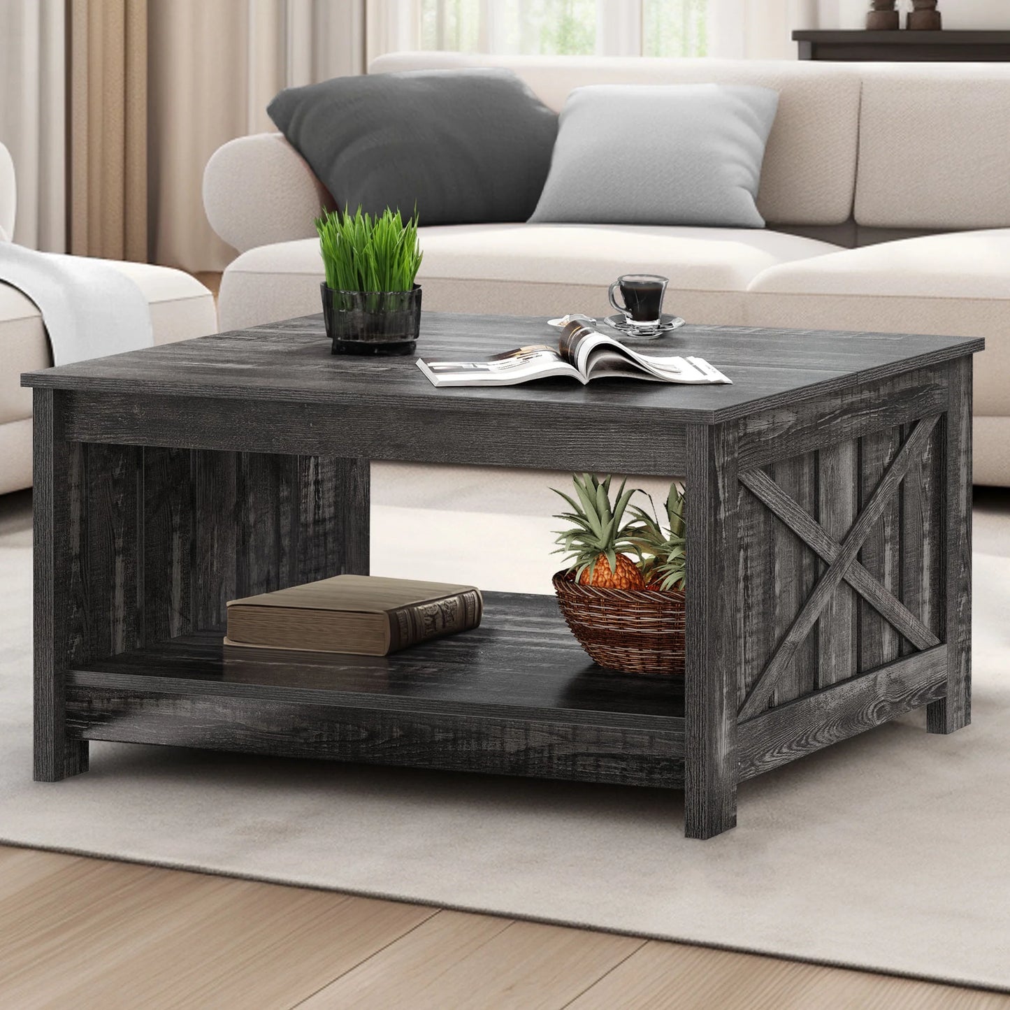 Square Coffee Table, Farmhouse Coffee Table with Half Open Storage Compartment, Brown&White