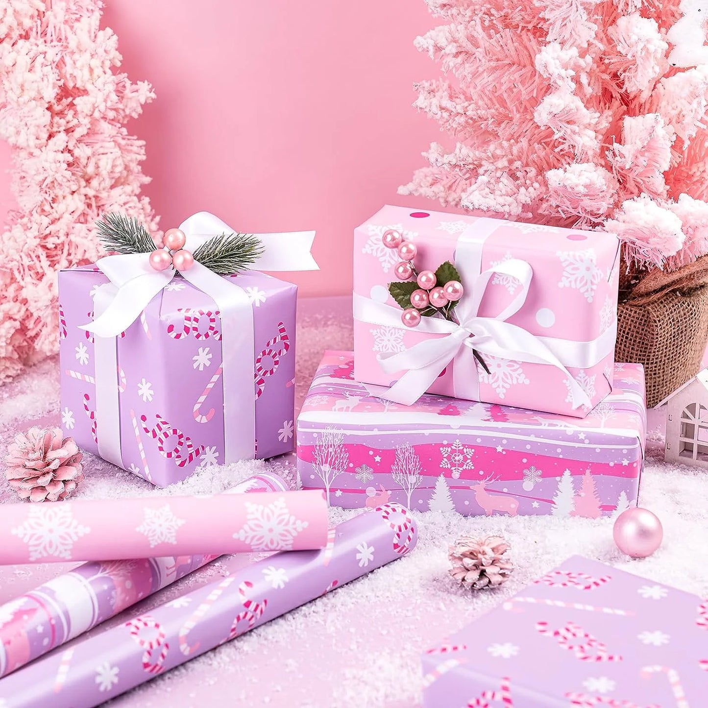 Christmas Wrapping Paper Roll - Mini Roll - 3 Rolls - 17 Inch X 120 Inch per Roll - Pastel Pink and Purple Reindeer, Candy Cane with JOY, Snowflake Holiday Collection